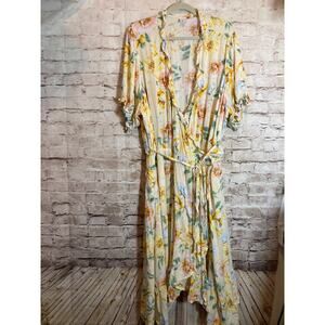 Old Navy Wrap Dress Womens 4X Yellow Tropical Floral Ruffle Trim Midi Flowy Plus